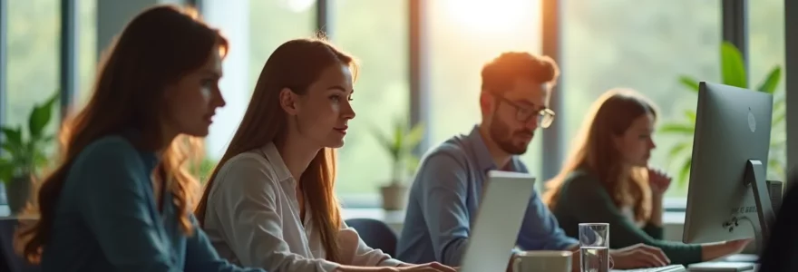 Vue d'ensemble d'une équipe diversifiée collaborant autour d'un espace de travail moderne avec des éléments technologiques intégrés