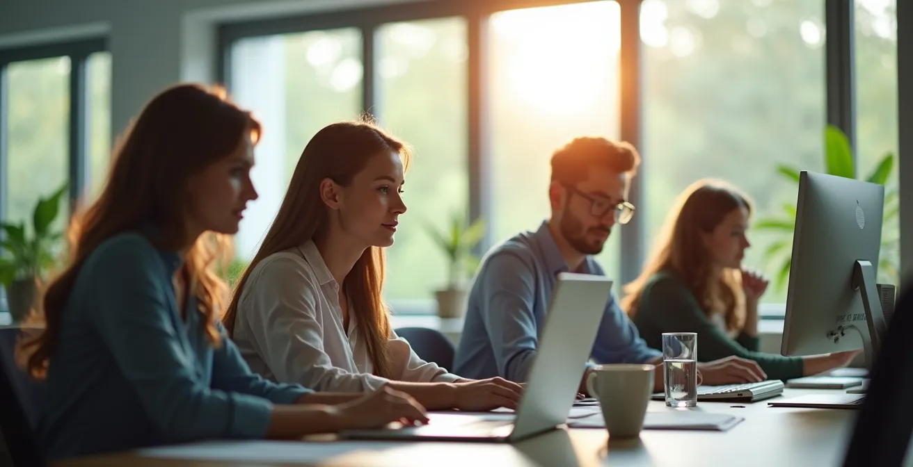 Vue d'ensemble d'une équipe diversifiée collaborant autour d'un espace de travail moderne avec des éléments technologiques intégrés