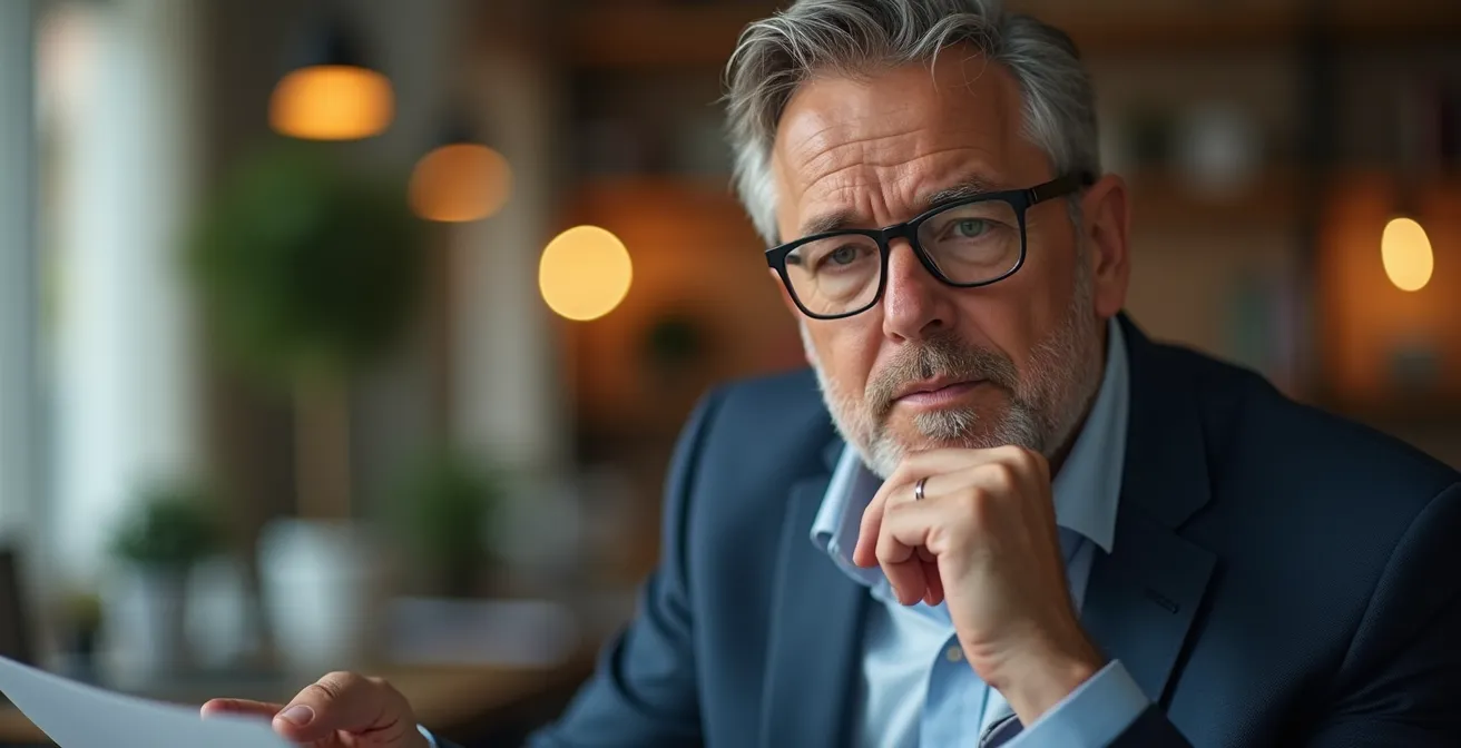 Manager examinant attentivement un planning d'équipe avec une concentration expressive, mains engagées dans une analyse détaillée