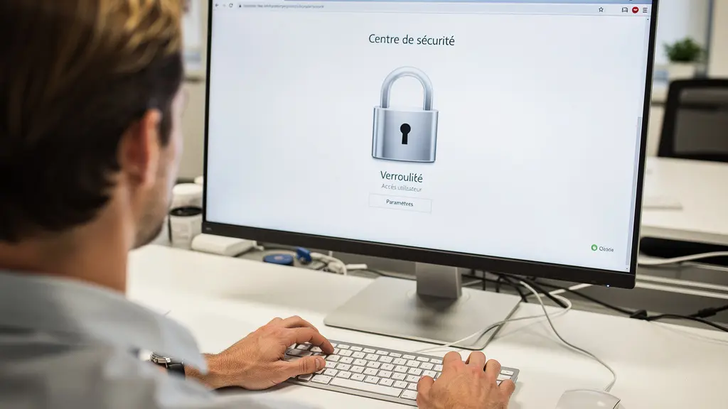 Vue over-shoulder d'un professionnel face à une interface de sécurité informatique