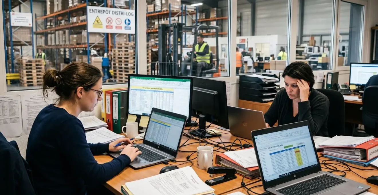 Équipe en distribution B2B travaillant sur des fichiers catalogues produits multiples avec plusieurs feuilles de calcul ouvertes