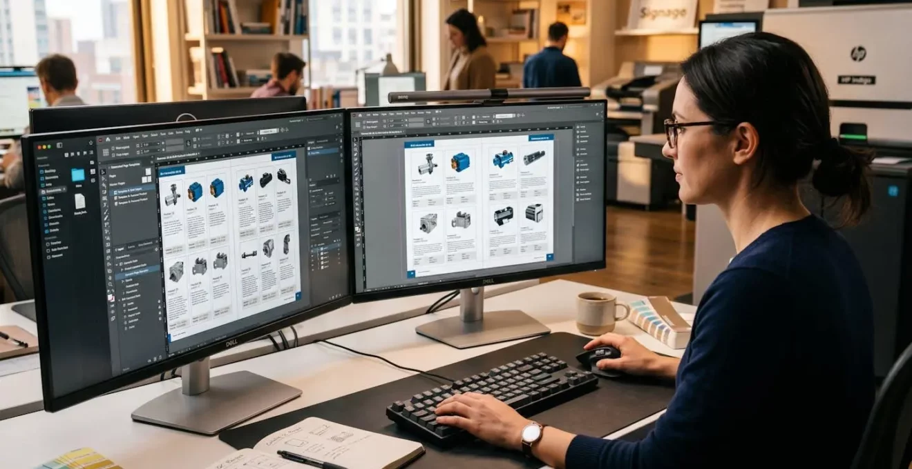 Vue d'un poste de travail affichant un flux de production catalogue automatisé avec mise en page structurée et données produits interconnectées
