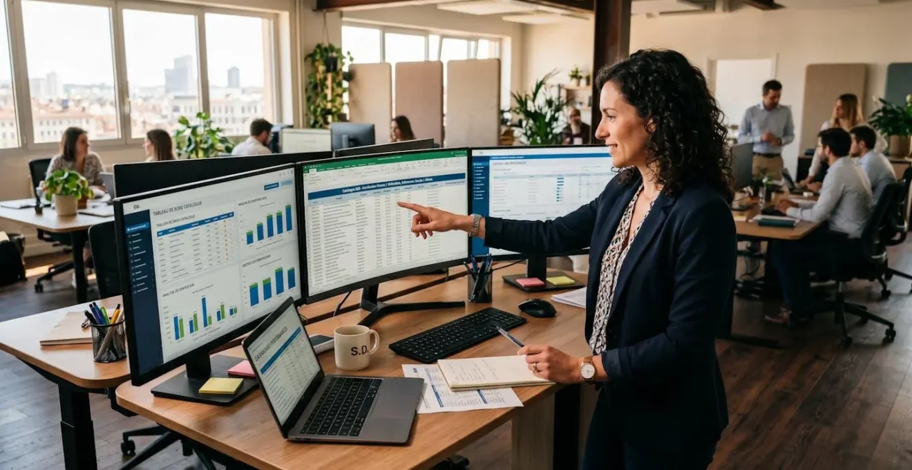 Responsable marketing consultant un tableau de bord de gestion catalogue produits sur plusieurs écrans dans un environnement bureau professionnel