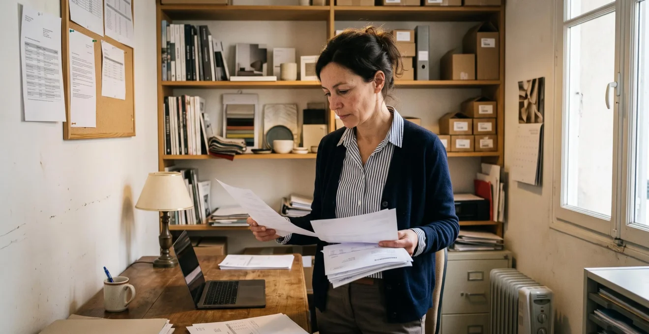 Chef d'entreprise consultant des factures dans son bureau de TPE avec des éléments de son activité professionnelle visibles en arrière-plan