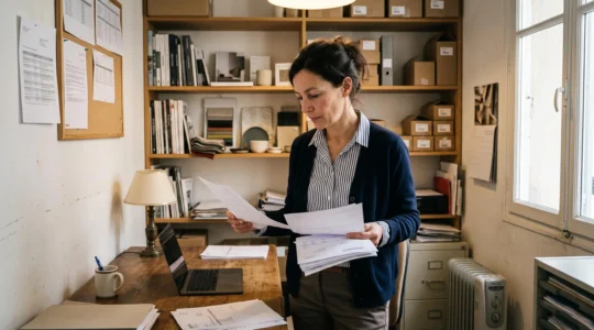 Chef d'entreprise consultant des factures dans son bureau de TPE avec des éléments de son activité professionnelle visibles en arrière-plan