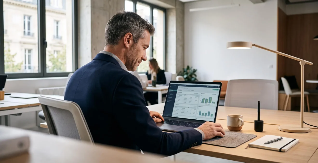 Professionnel consultant des données de facturation sur un ordinateur portable dans un bureau moderne organisé