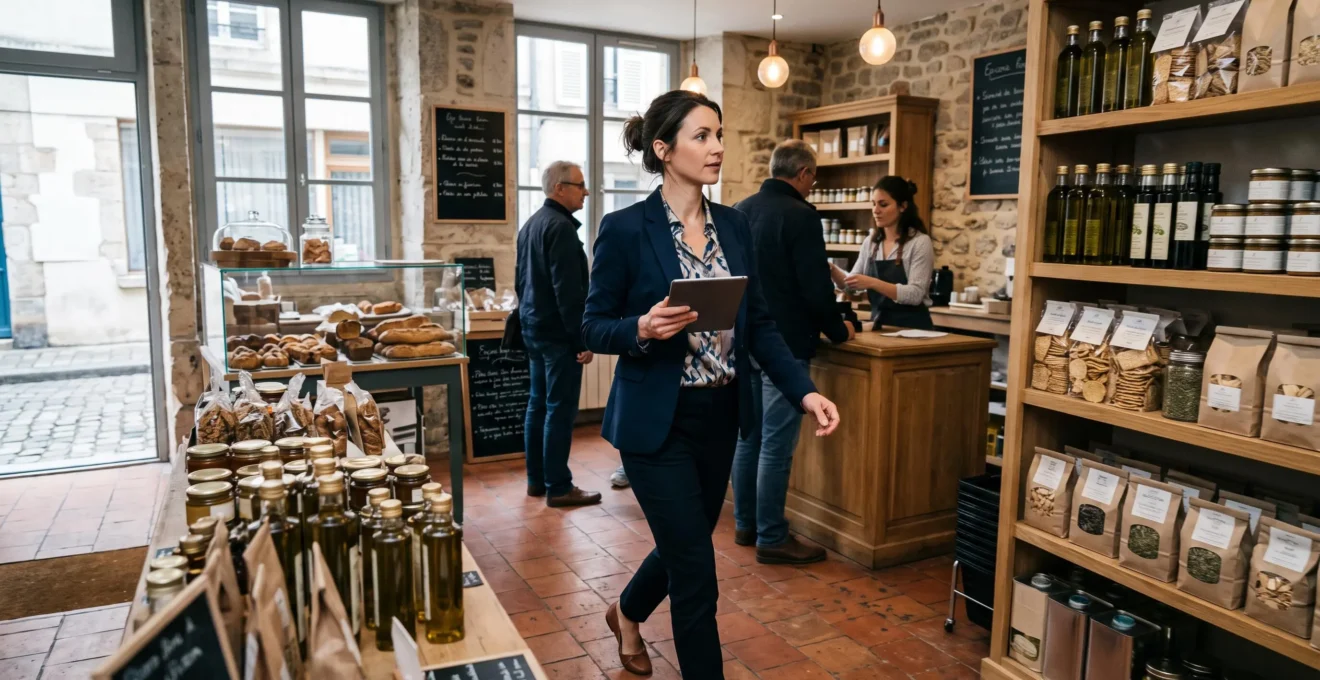 Professionnelle se déplaçant dans un espace commercial de PME française tout en portant une tablette de travail