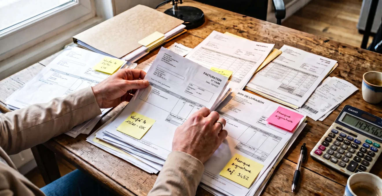 Mains d'une personne organisant et vérifiant manuellement plusieurs factures et documents commerciaux papier sur un bureau