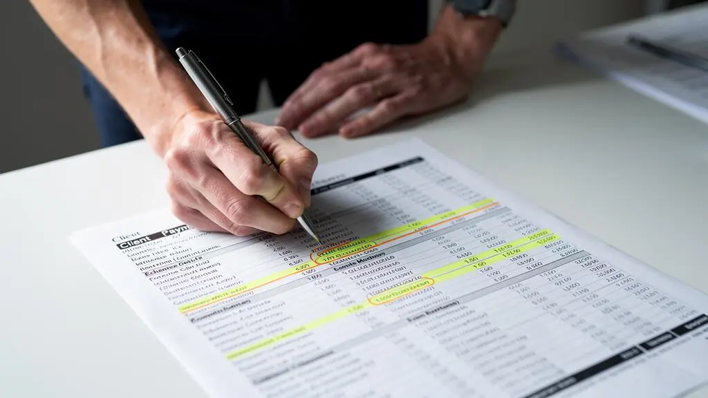 Contrôleur financier analysant un tableau détaillé des délais de paiement clients avec annotations manuscrites sur les comptes en retard