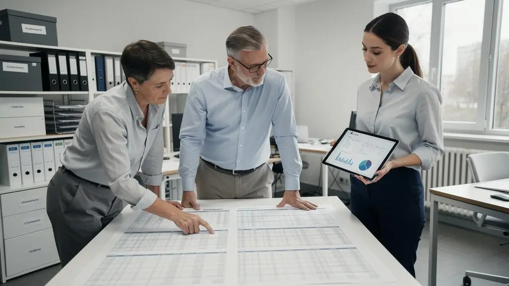 Équipe finance d'une PME française collaborant sur le suivi des paiements clients et l'analyse de trésorerie dans leur service comptabilité