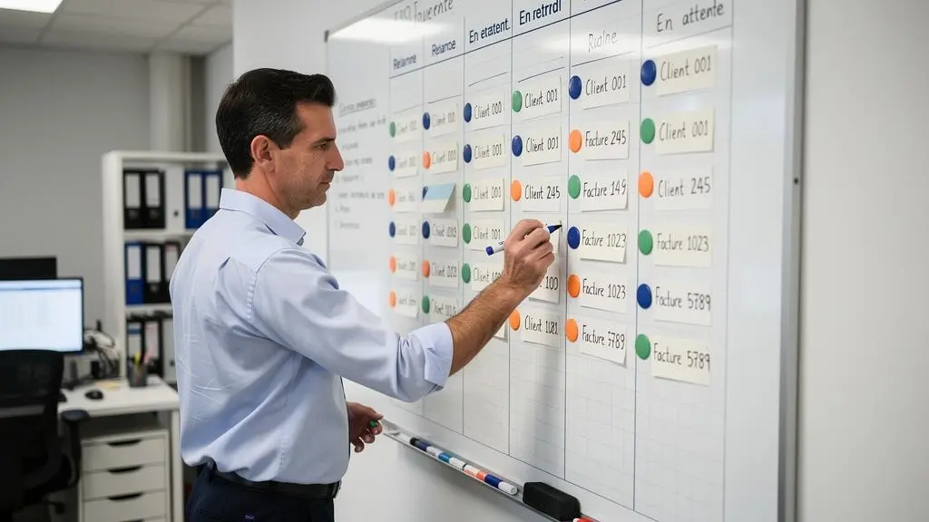 Spécialiste recouvrement mettant à jour un tableau de suivi visuel des paiements clients organisé par statut dans le service finance